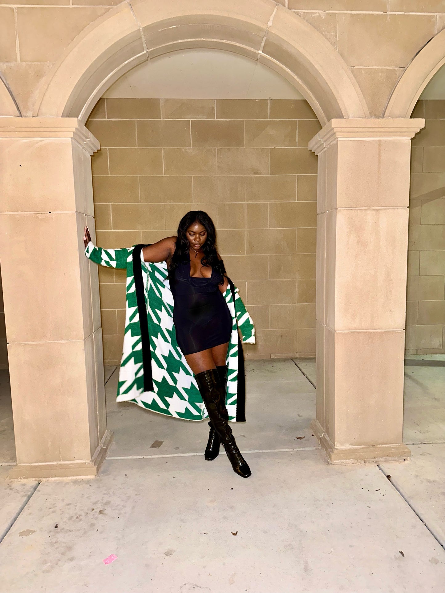 Cozy Green Houndstooth Faux Fur Cardigan