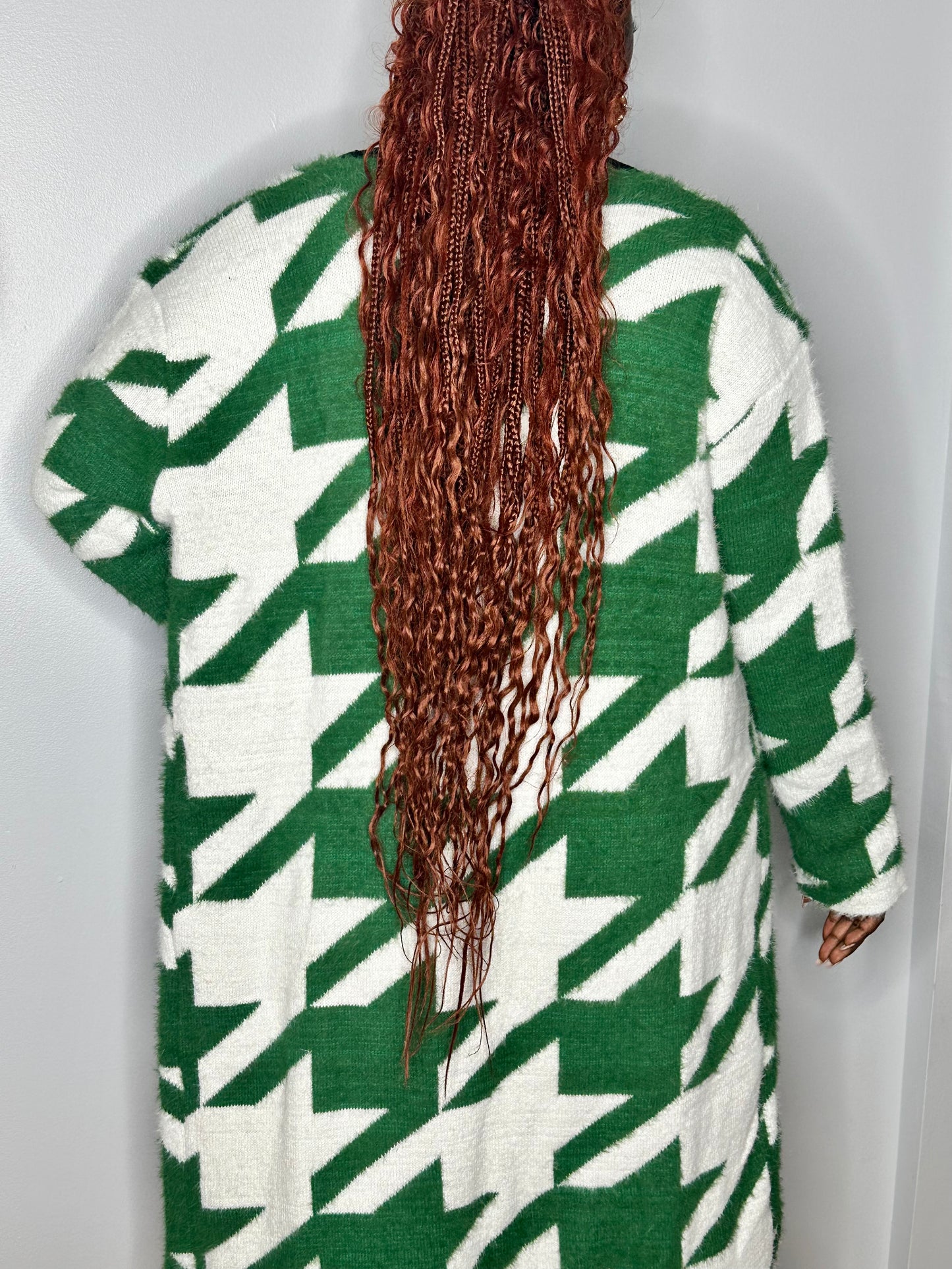 Cozy Green Houndstooth Faux Fur Cardigan