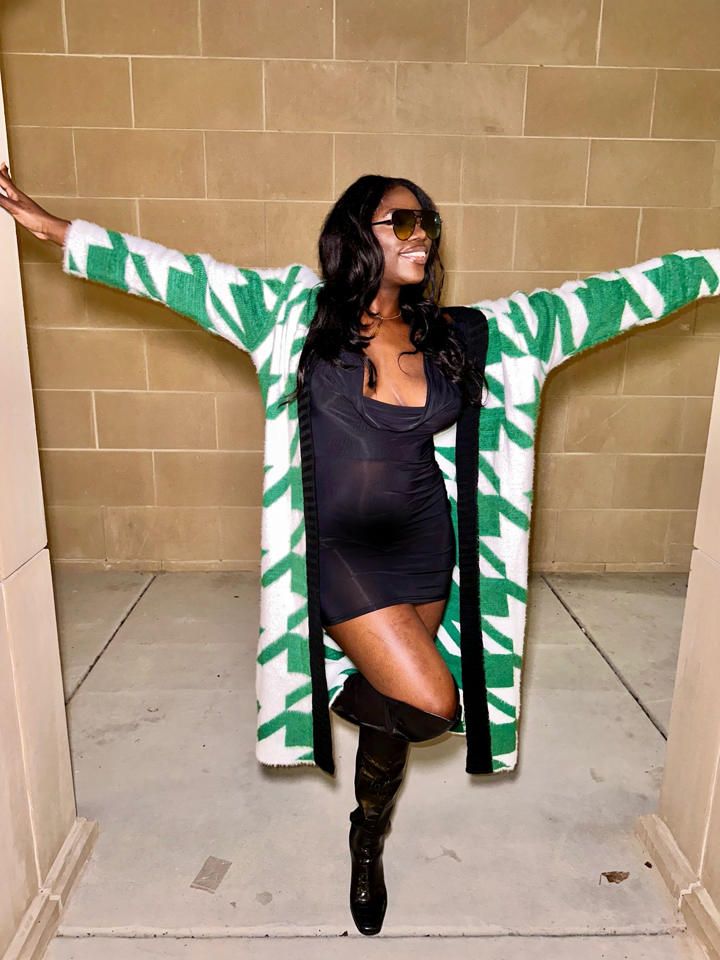 Cozy Green Houndstooth Faux Fur Cardigan