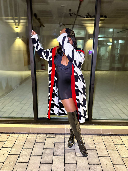 Cozy Black Houndstooth Faux Fur Cardigan