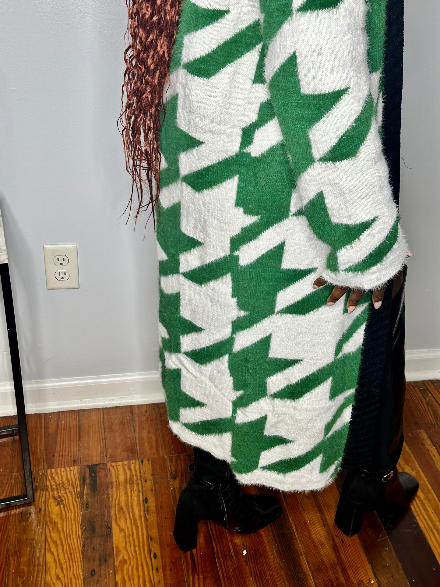 Cozy Green Houndstooth Faux Fur Cardigan