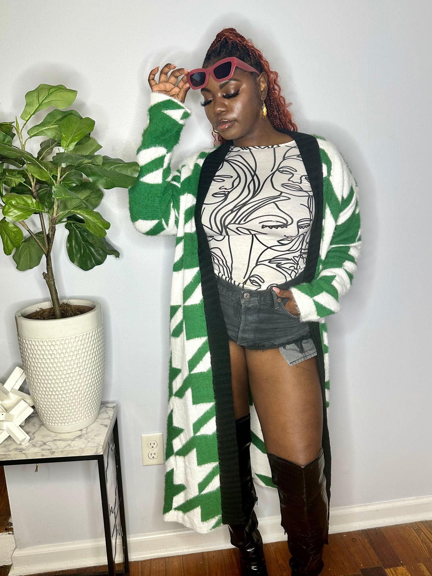Cozy Green Houndstooth Faux Fur Cardigan