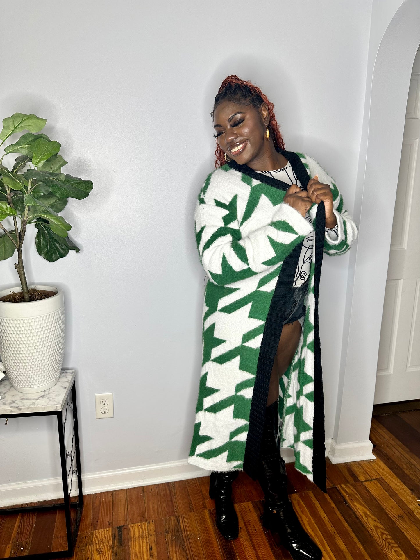 Cozy Green Houndstooth Faux Fur Cardigan