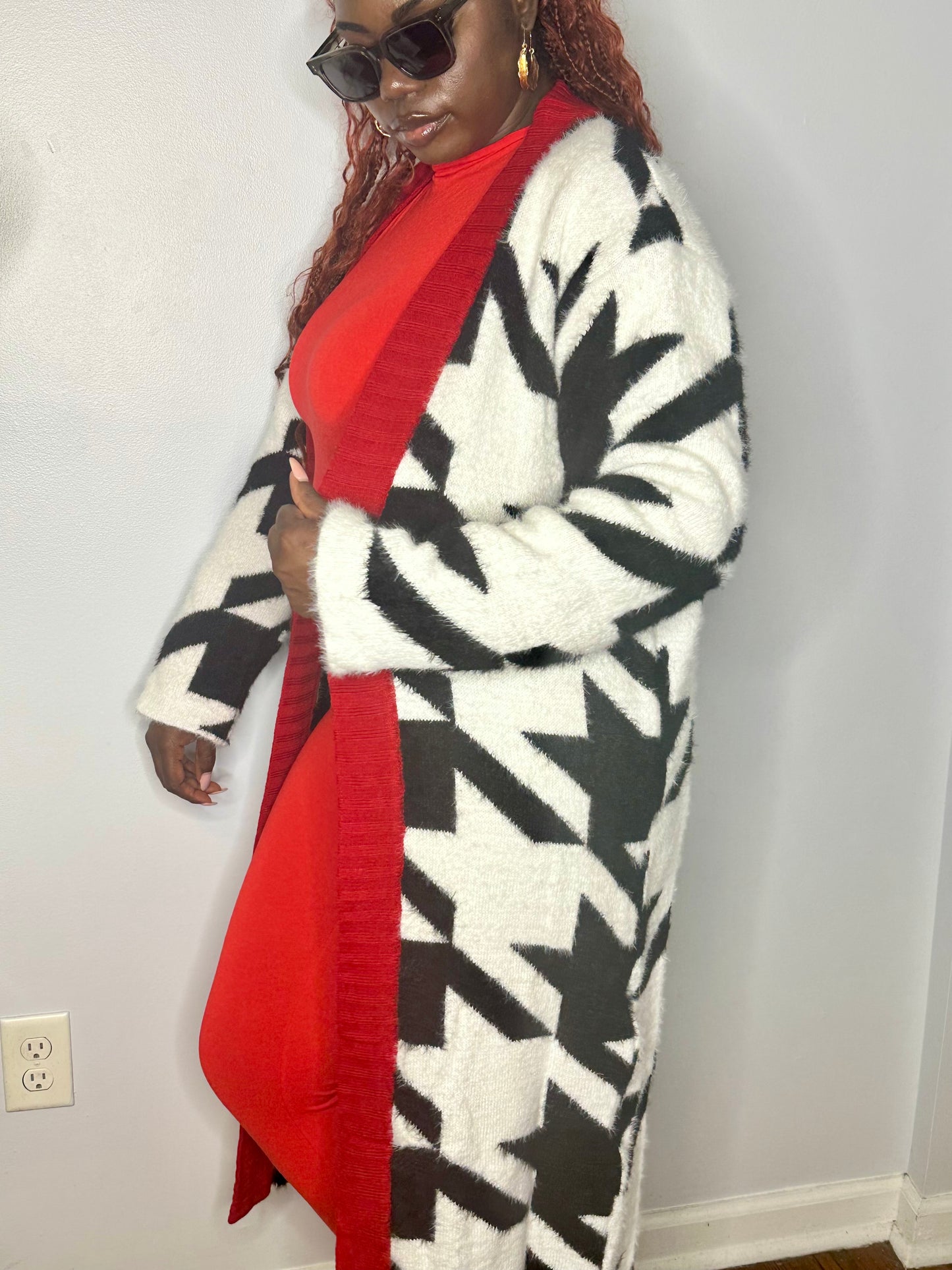 Cozy Black Houndstooth Faux Fur Cardigan