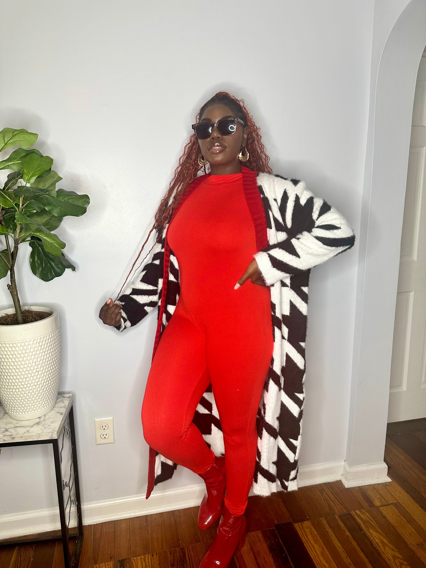 Cozy Black Houndstooth Faux Fur Cardigan