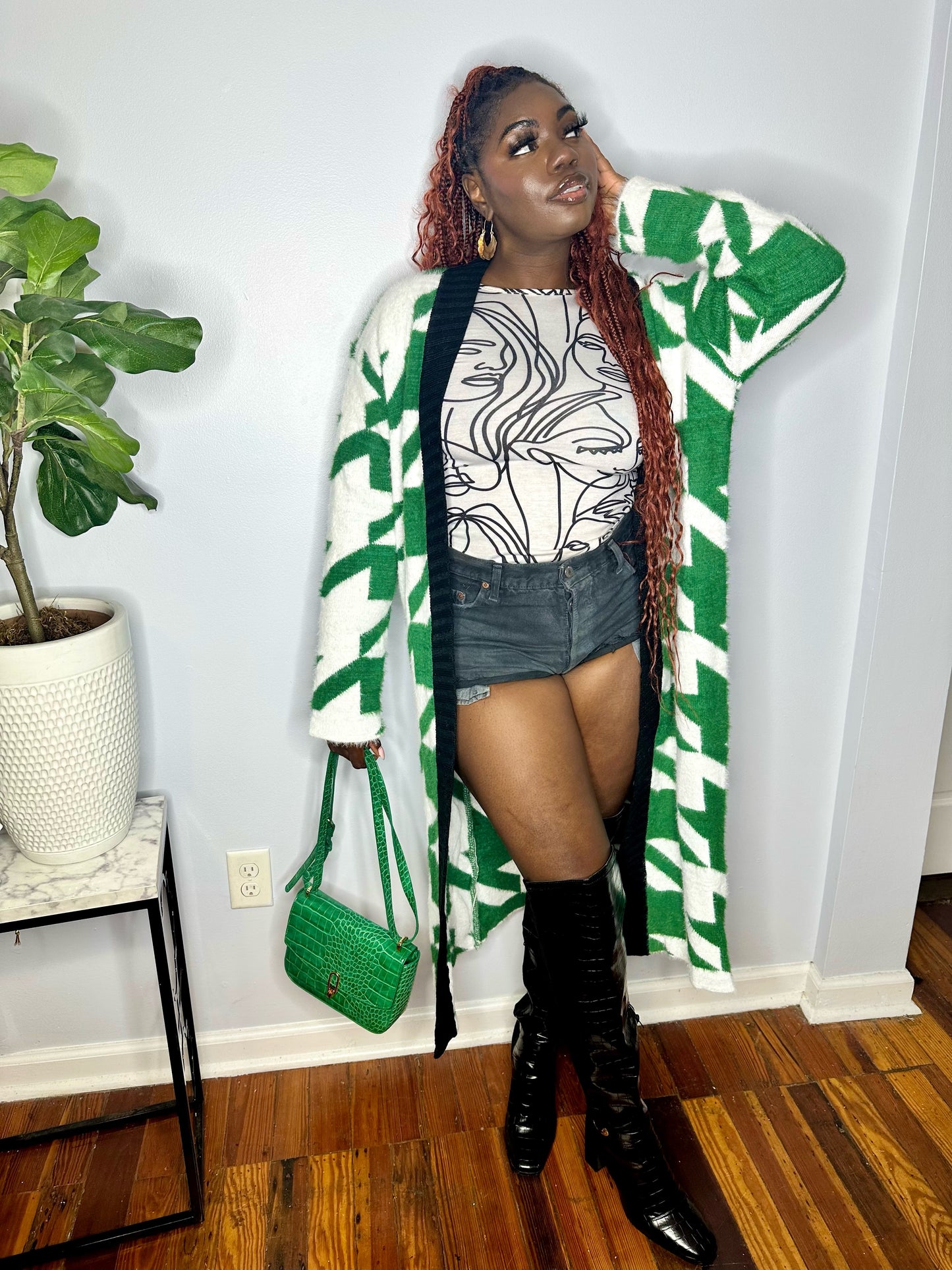 Cozy Green Houndstooth Faux Fur Cardigan