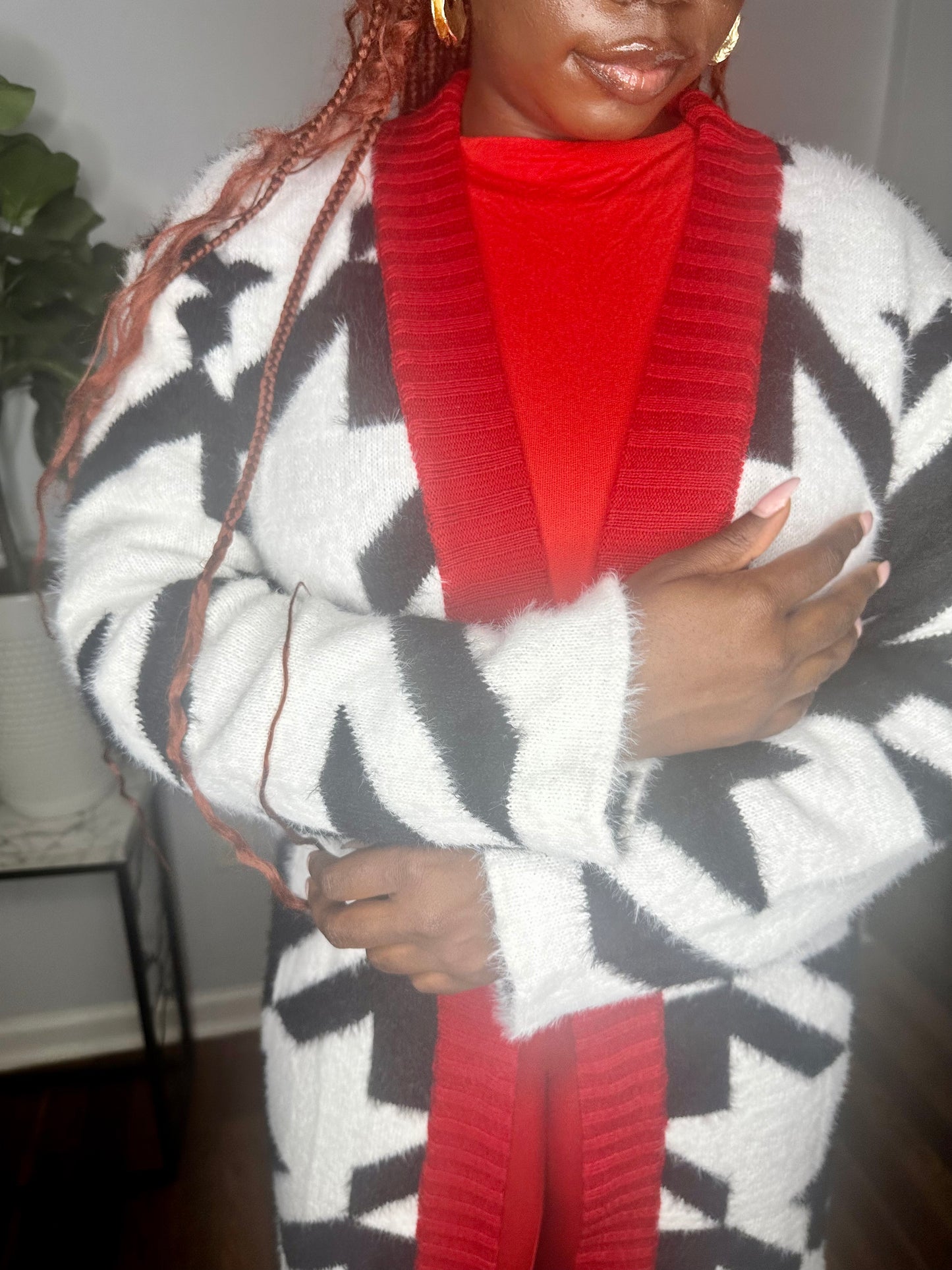 Cozy Black Houndstooth Faux Fur Cardigan