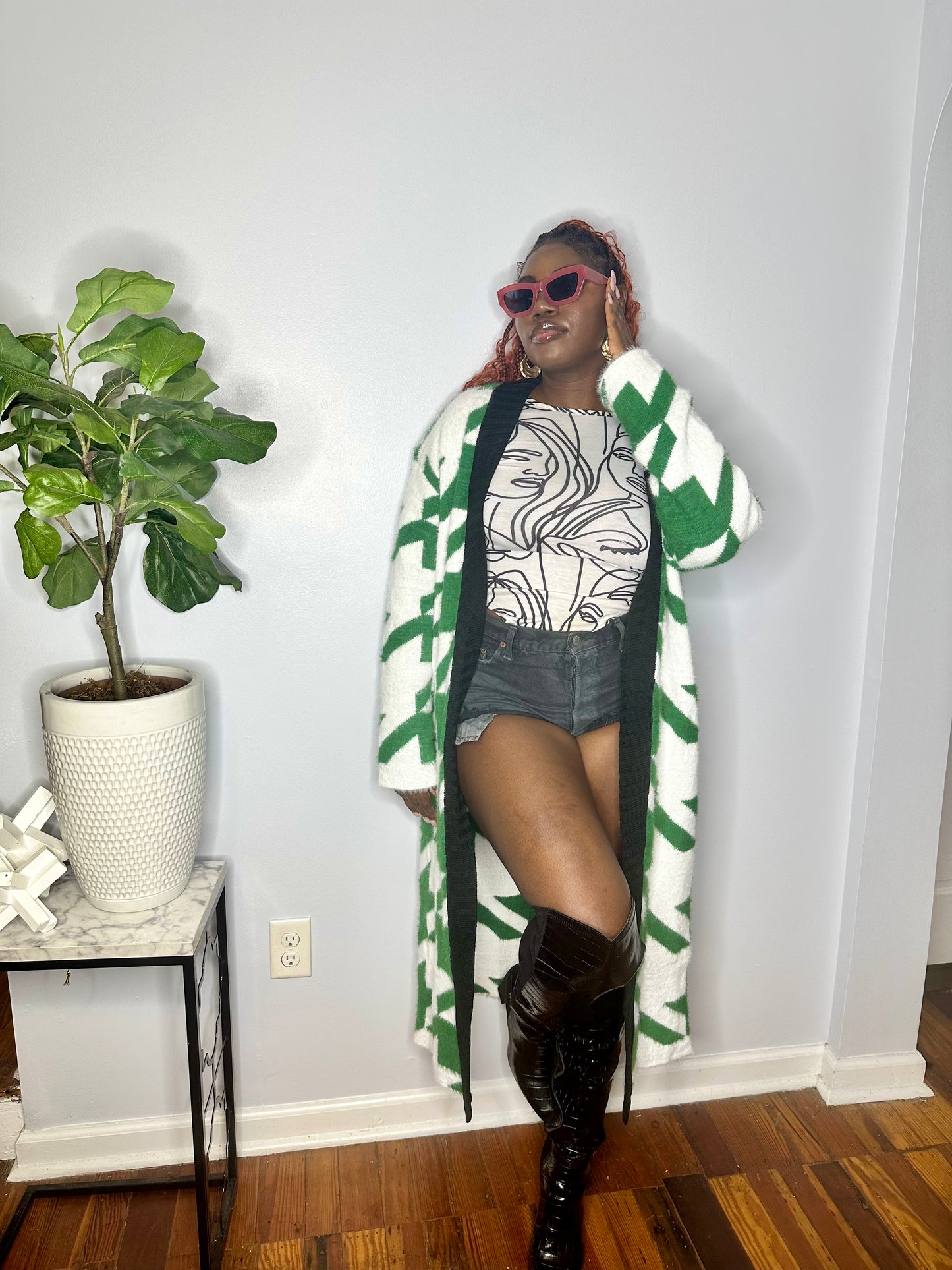 Cozy Green Houndstooth Faux Fur Cardigan