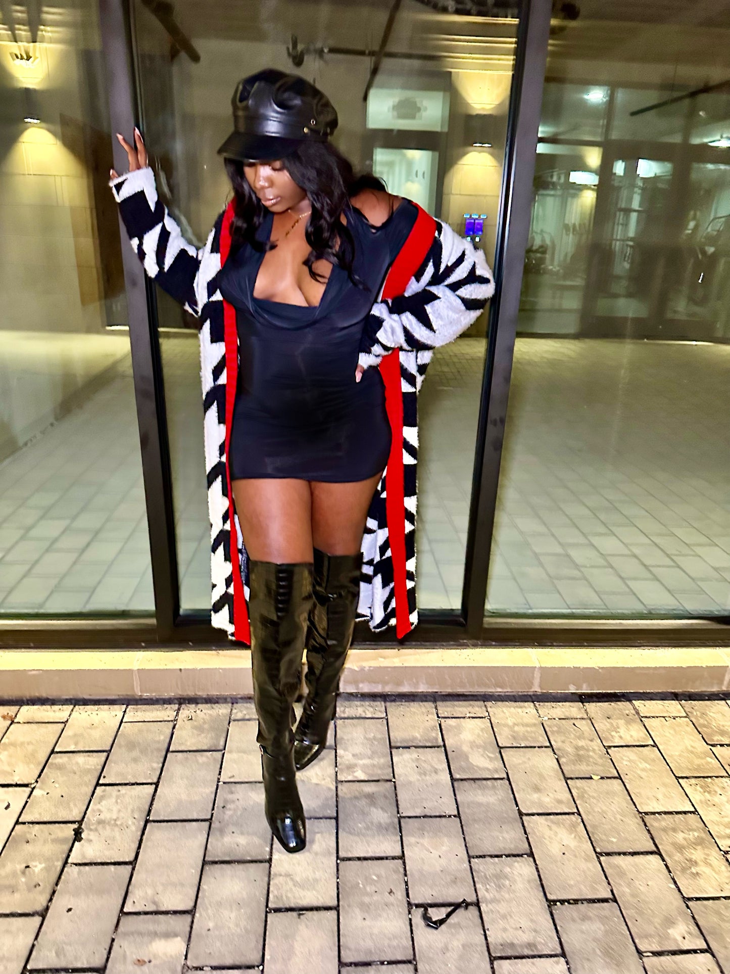 Cozy Black Houndstooth Faux Fur Cardigan