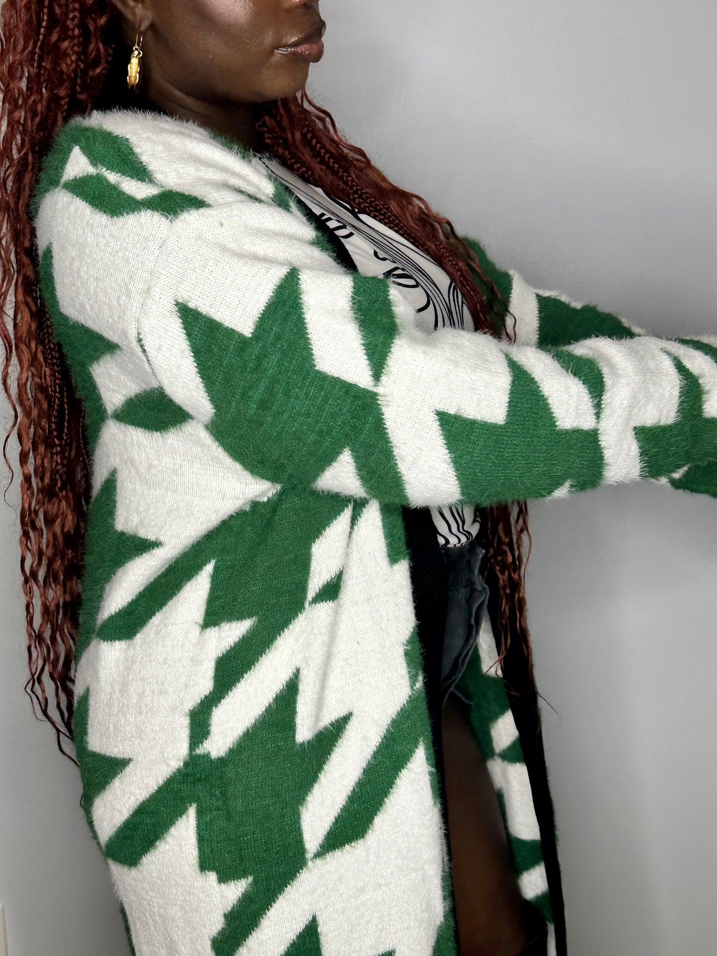 Cozy Green Houndstooth Faux Fur Cardigan